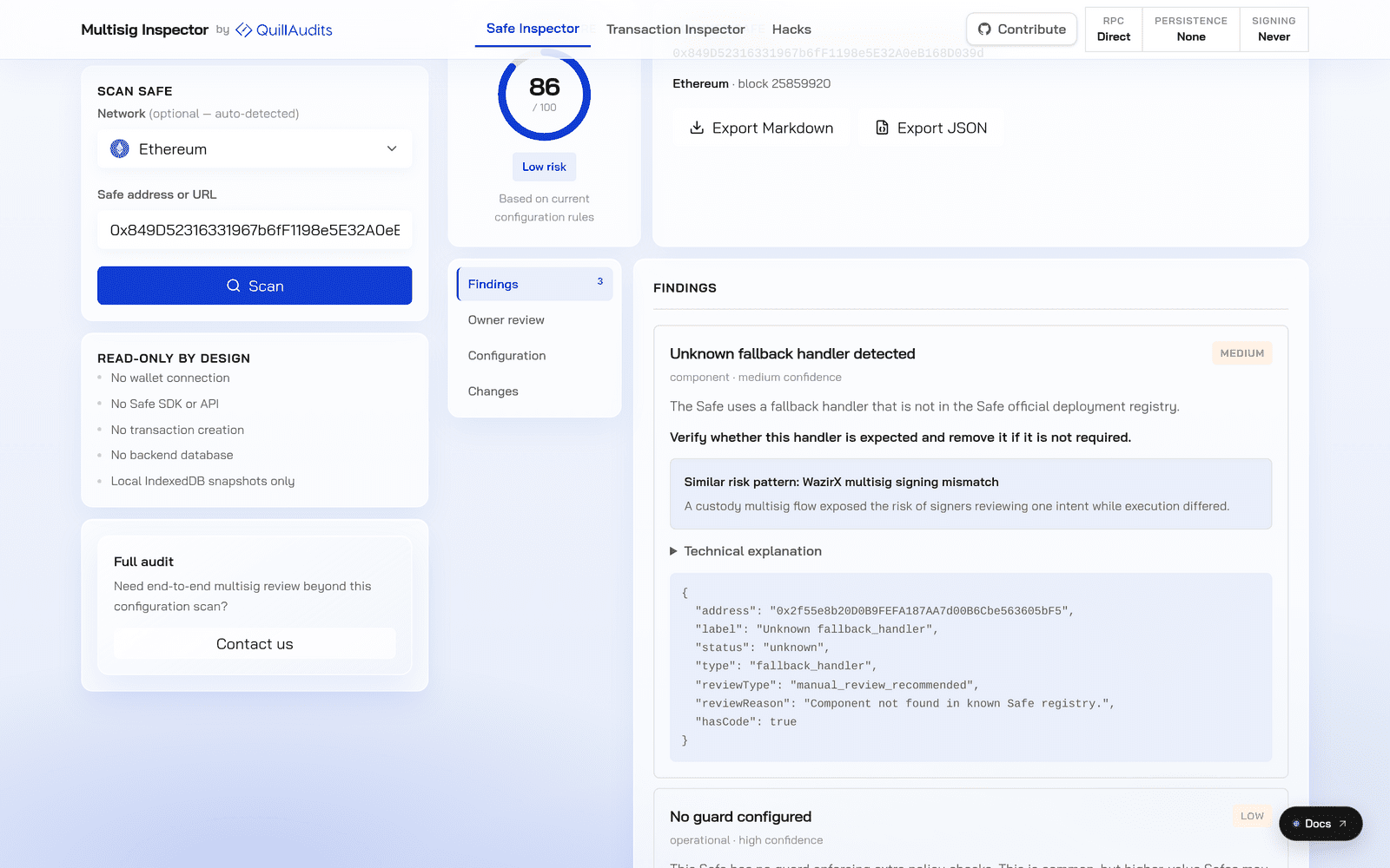 Safe Inspector report view showing a security score and findings for a scanned Safe